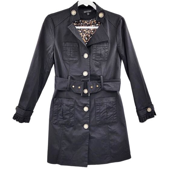 For Cynthia Jackets & Blazers - Vintage For Cynthia Black Trench Coat Leopard Print Lining Ruffled Wrists Size M